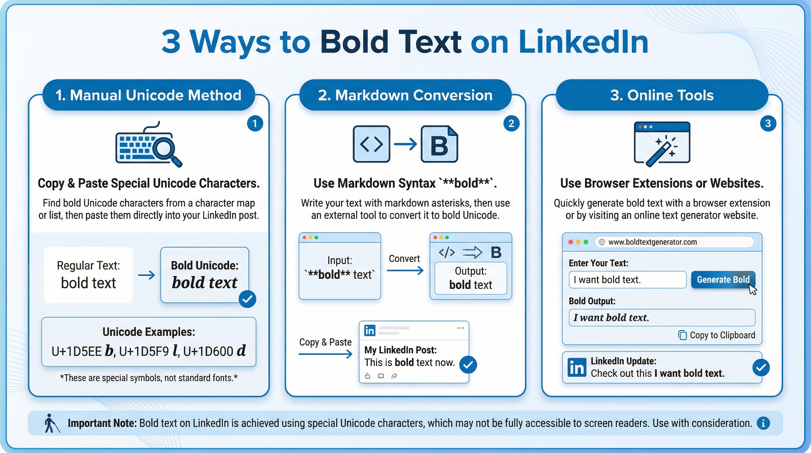 Infographic showing 3 ways to bold text on LinkedIn