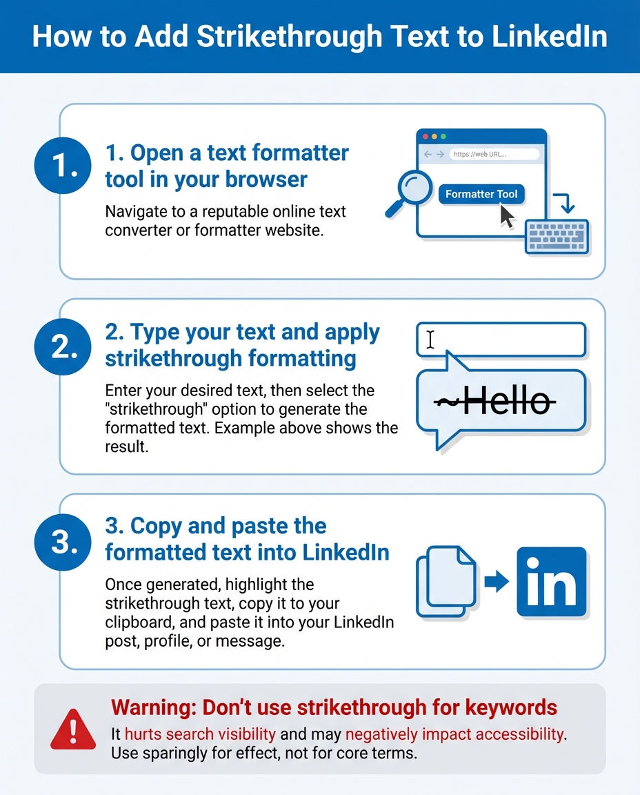 An infographic showing the process of using a text formatter to generate strikethrough text and pasting it into LinkedIn.